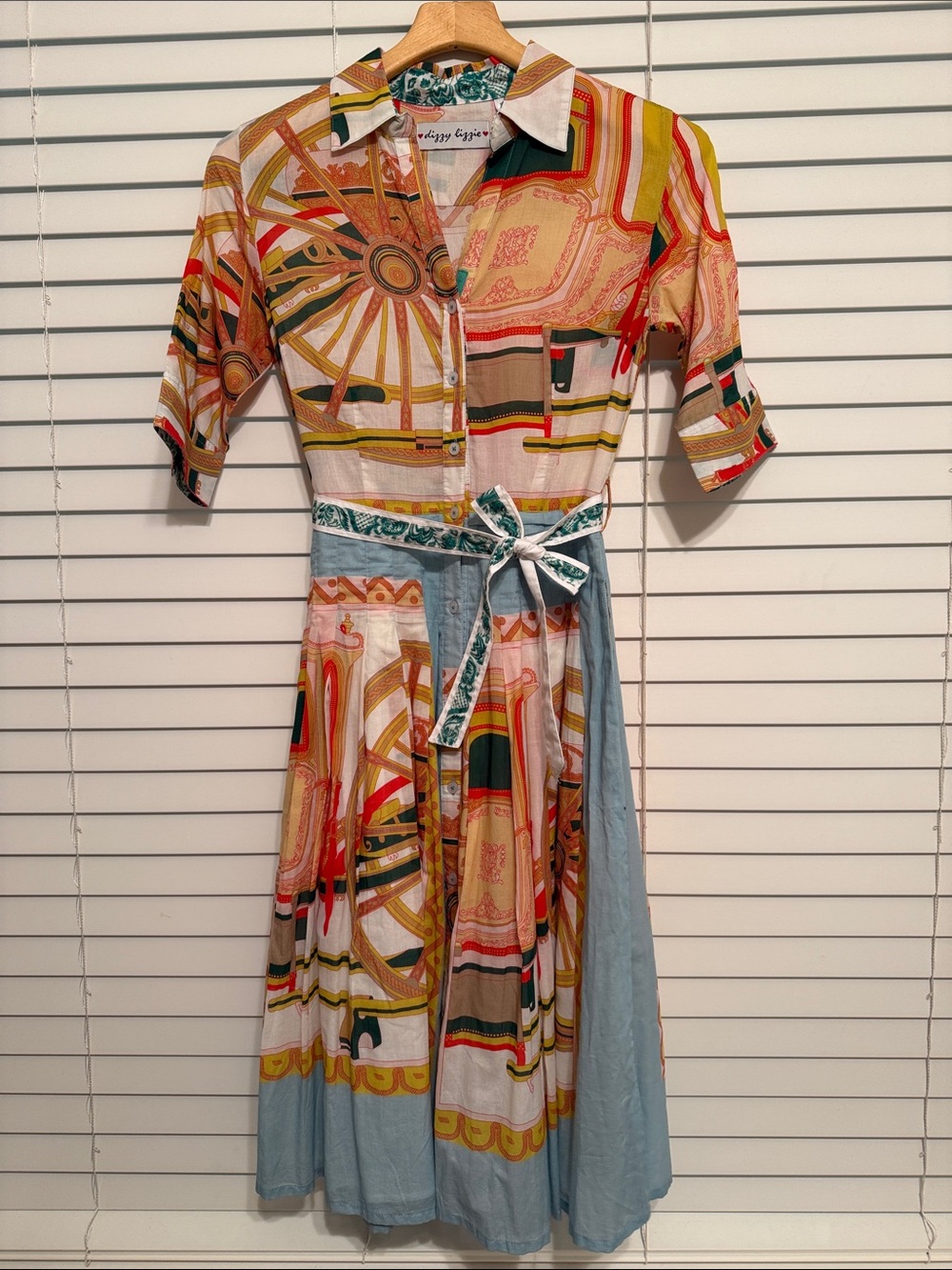 Dizzy Lizzie Button-Front Mrs. Maisel Blue Coach Print Shirt Dress